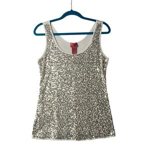 V Cristina Womens XL White Ribbed Cotton Sequin Tank Top Gold Shimmer Sleeveless